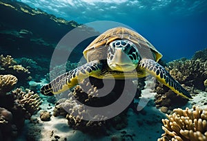 a green turtle swimming over a coral reef with water above