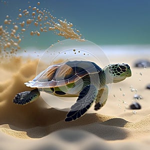 The green turtle trudged on the sandy beach AI