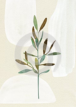 Green twig, golden leaf, beige paper grain background.