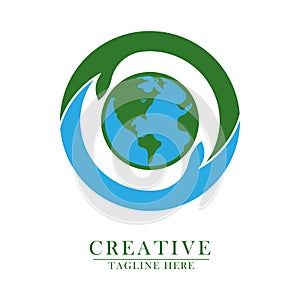 green two-handed circular globe concept of protecting planet Earth icon logo