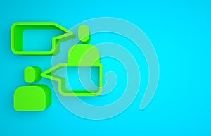 Green Two sitting men talking icon isolated on blue background. Speech bubble chat. Message icon. Communication or