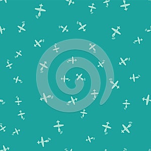 Green UAV Drone icon isolated seamless pattern on green background. Military Unmanned aircraft spy. Vector Illustration.