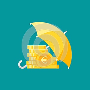 Green umbrella with gold euro coins stack under it. Vector flat icon isolated on blue. Income safe