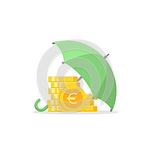 Green umbrella with gold euro coins stack under it. Vector flat icon isolated on white. Income safe