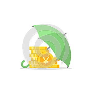 Green umbrella with gold yen coins stack under it. Vector flat icon isolated on white