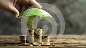 The green umbrella protecting bitcoin.AI generated image photo