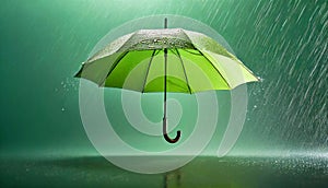Green umbrella under heavy rain splash