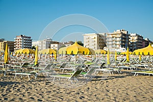 Green umbrellas and chaise lounges on the beach of Rimini in Italy