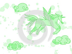 green unicorn with wings and clouds. sketch doodle