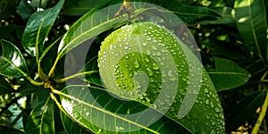 green unripe mango with water drops