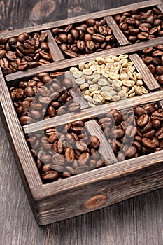 Green unroasted and brown coffee beans