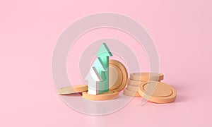 Green up arrow and coin stacks on pink background. Financial success and growth concept. 3d rendering. Financial news. Trading