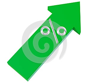 Green upward arrow with percentage symbol, perfect for visuals related to growth in sales, financial improvement, or