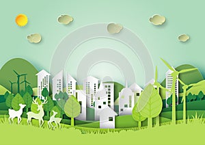 Green urban city and environment concept paper art style