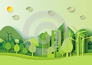 Green urban city and forest environment concept paper art style