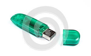 Green usb stick isolated on white background. Removable flash drive