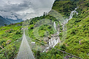 Green valley on Manaslu circuit in Himalaya mountains, Nepal