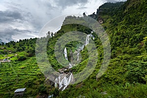 Green valley on Manaslu circuit in Himalaya mountains, Nepal