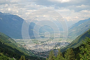 Green valley of Martigny in the Swiss Alps.