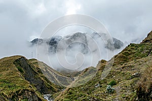 Green valley with purple lupin blooming in the mist, Choquequirao trek between Yanama and Totora, Peru