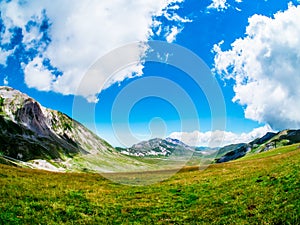 Green valley in summer, between the mountains and the hills of the Abruzzi National Park