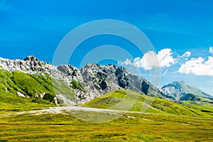 Green valley in summer, among the rocky mountains of the Abruzzi National Park