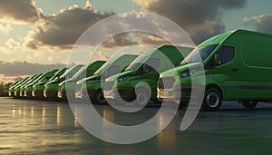 Green Van Line: A Row Of Delivery Vans Promoting Clean Transportation Concept - A Lineup Of Delivery Vans Painted Green photo