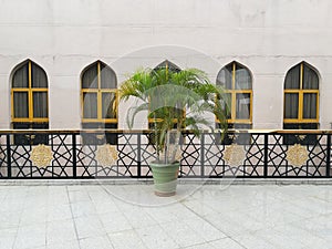Green vase at the center of the picture with classic window as the background