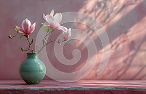 Green Vase With Pink Flowers on Table