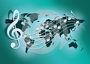 green vector background with wavy music notes and dark green world map