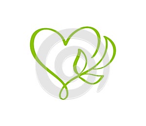 Green vector icon heart shape and leaf. Can be used for eco, vegan herbal healthcare or nature care concept organic logo