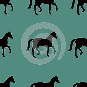 Green vector seamless pattern with black horses silhouettes