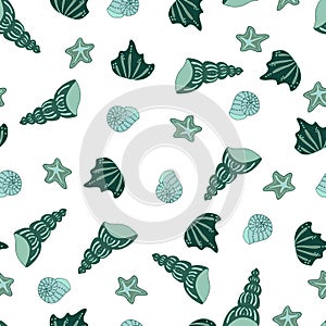 green vector seamless pattern seashells and starfish monochrome isolated inhabitants of the seas and oceans underwater world