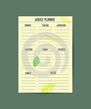 Green vector weekly planner design template. Elegant floral leaves organizer and notepad. Week calendar schedule printable to-do