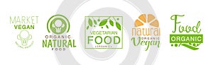 Green Vegan Organic Natural Food Label Vector Set