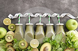 Green vegetable smoothies in a row