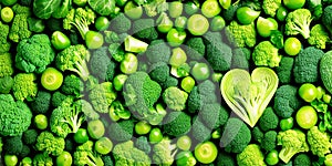 green vegetables background. Heart shape by vegetables. Healthy food concept. Green vegetables and leafy food background of fresh