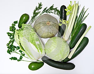 Green vegetables (cabbage, Chinese cabbage, avocado, pumpkin, zucchini, celery, parsley, dill, onion).