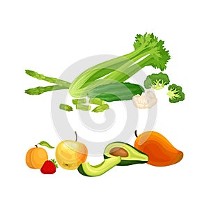 Green Vegetables with Celery and Cucumber and Fruit with Mango and Avocado Vector Set