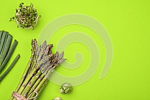 Green vegetables flat lay concept on green background