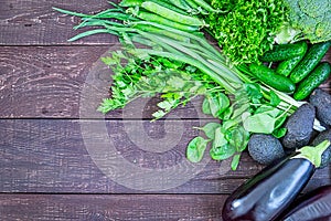 Green Vegetables and Fresh Herbs for Healthy Cooking on Vintage Wooden Table, Diet or Vegetarian Food Concept, Background Layout