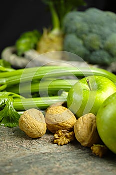 Green vegetables and fruits - celery, apples, celery root celer