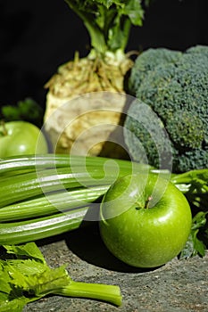 Green vegetables and fruits - celery, apples, celery root celer