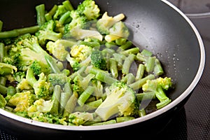 Green vegetables on frying pan