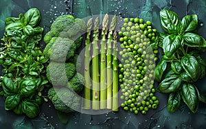 Green vegetables and herbs on dark background top view