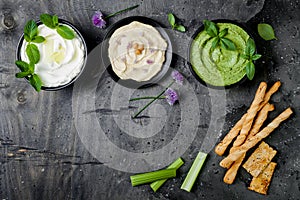 Green vegetables raw snack board with various dips. Yogurt sauce or labneh, hummus, herb hummus or pesto with crackers, grissini b
