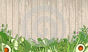 Green vegetables and verdure background - wooden texture