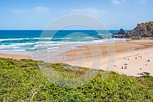 Green vegetation on a cliff overlooking the sand and Odeceixe beach, Aljezur PORTUGAL