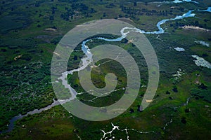 Green vegetation in South Africa. Trees with water in rainy season. Blue river, Aerial landscape in Okavango delta, Botswana.