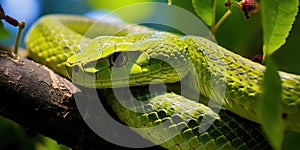 Green venomous snake on the tree